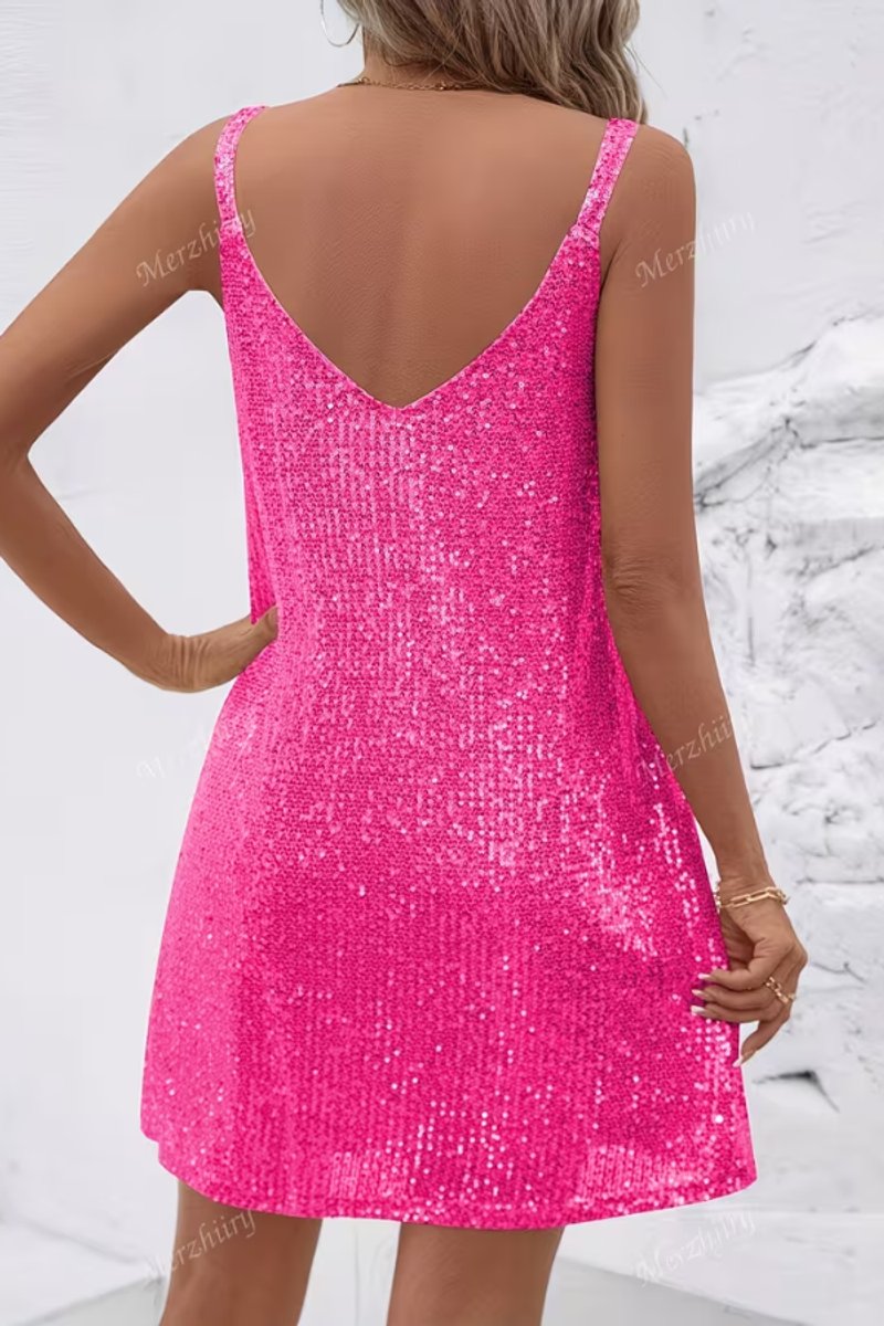 Damen Ärmelloses Pailletten-Cocktailkleid V-Ausschnitt Mini