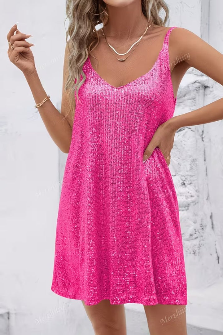 Damen Ärmelloses Pailletten-Cocktailkleid V-Ausschnitt Mini - Red Rose