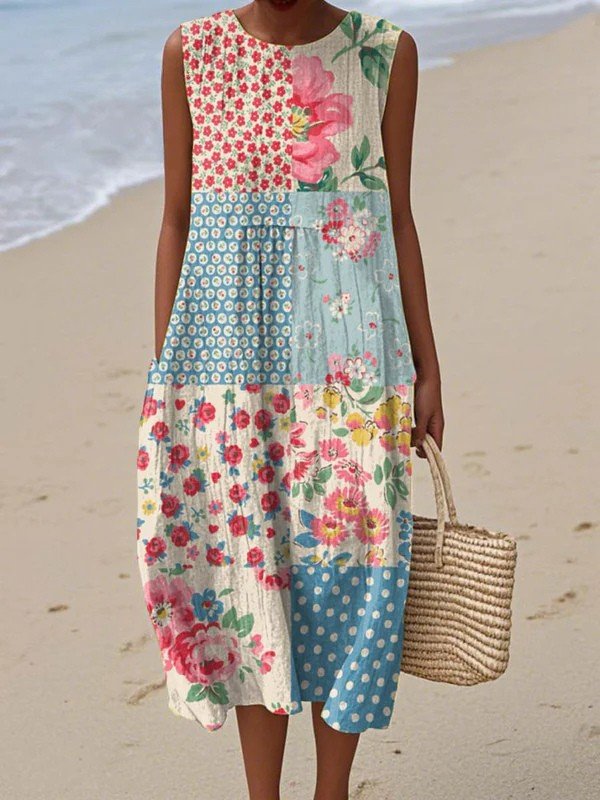 Damen Ärmelloses Patchwork-Midi-Kleid mit Blumen- und Punktemuster - Multicolor