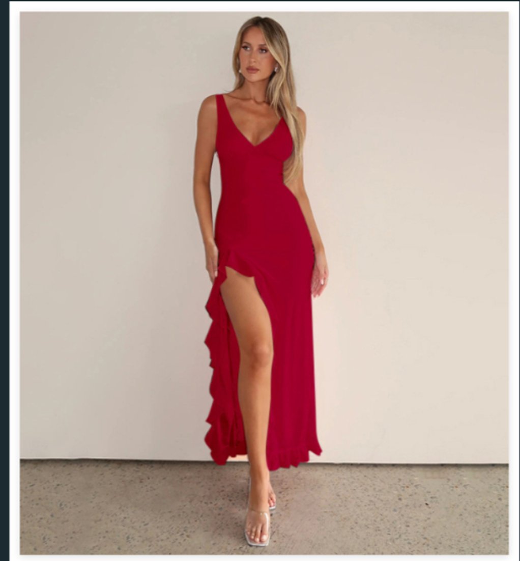 Damen Ärmelloses Rüschen Maxikleid mit V-Ausschnitt und Oberschenkelschlitz - Rot