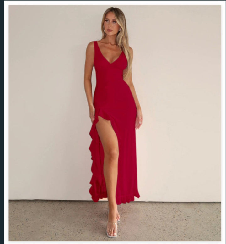 Damen Ärmelloses Rüschen Maxikleid mit V-Ausschnitt und Oberschenkelschlitz - Rot
