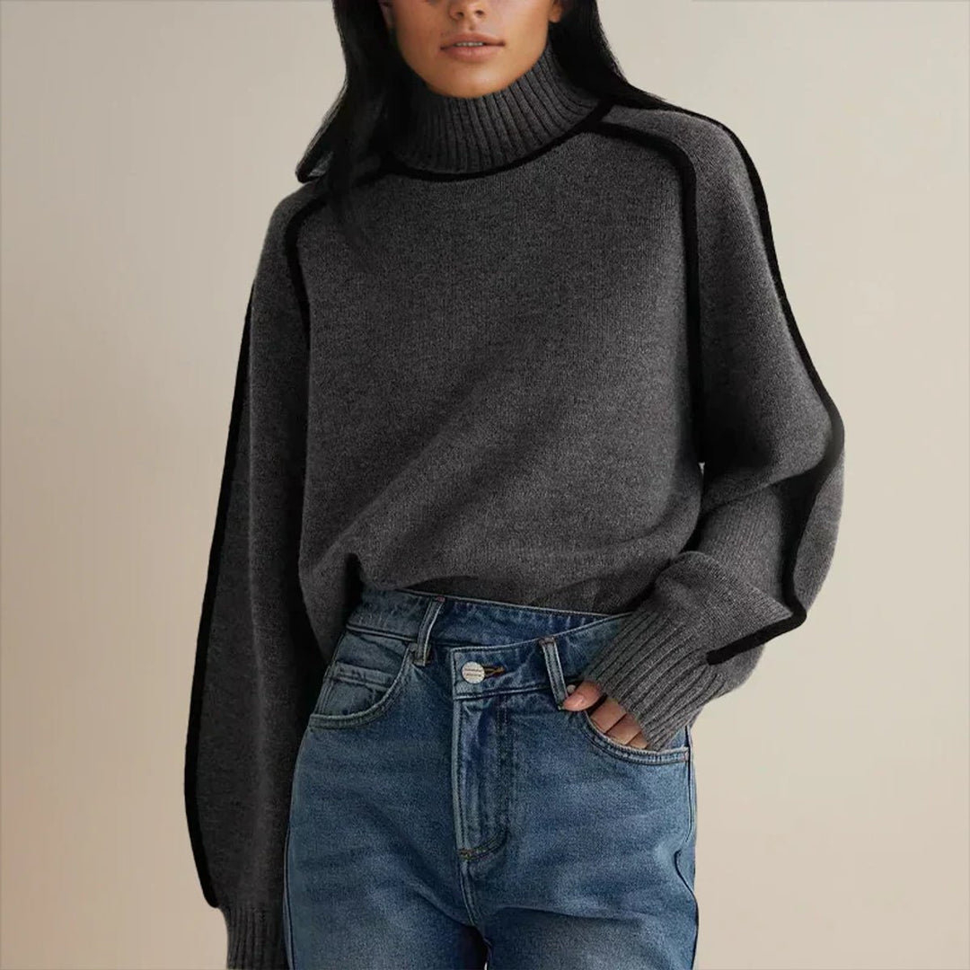 Damen Rollkragen Oversized Strick Sweater mit Kontraststreifen - Gray