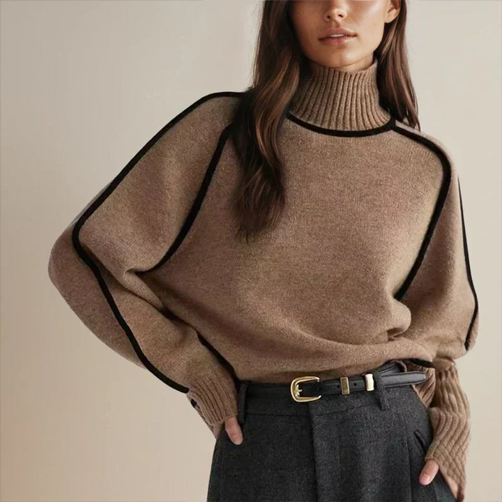 Damen Rollkragen Oversized Strick Sweater mit Kontraststreifen