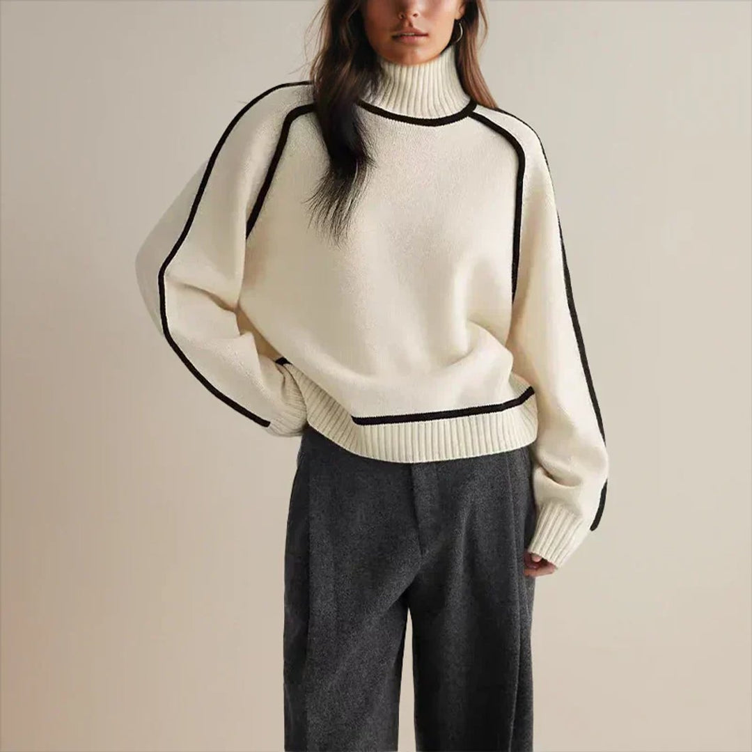Damen Rollkragen Oversized Strick Sweater mit Kontraststreifen - White