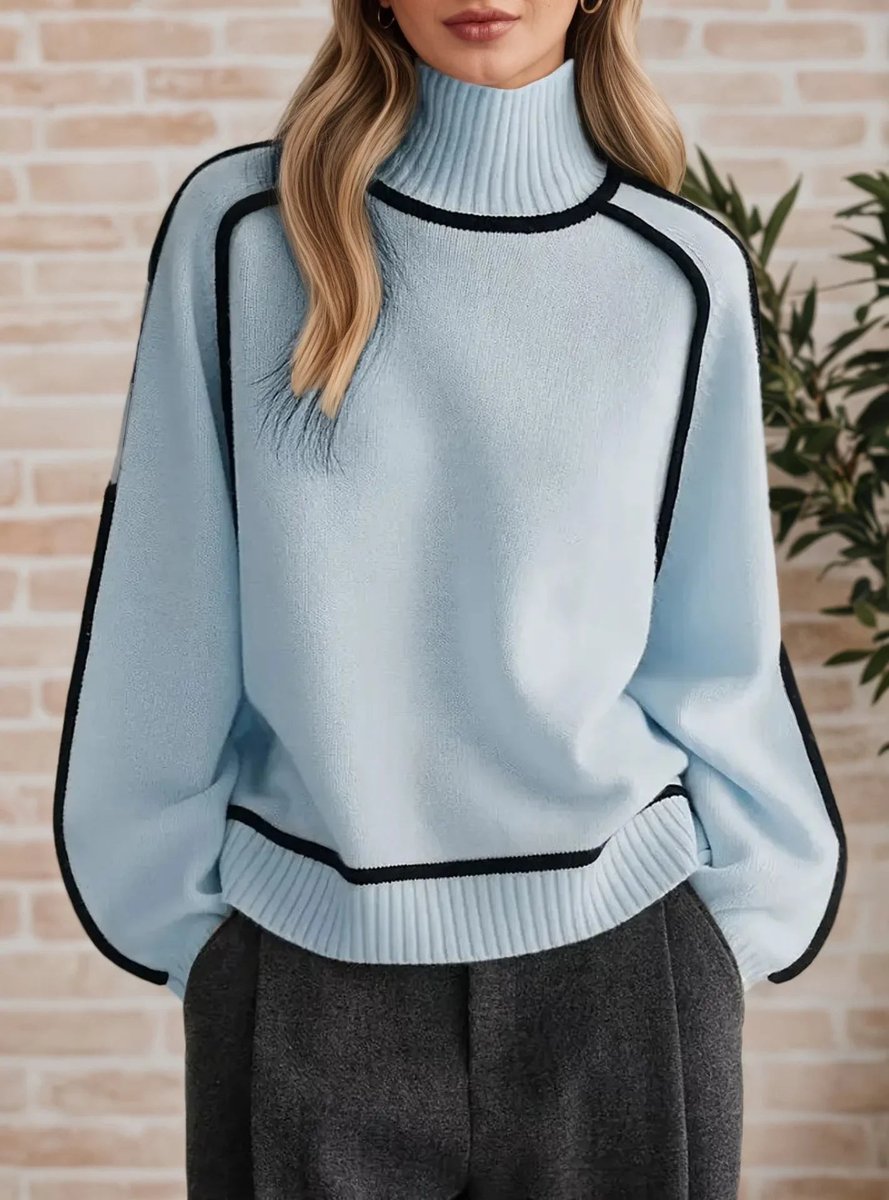 Damen Rollkragen Oversized Strick Sweater mit Kontraststreifen - Blue