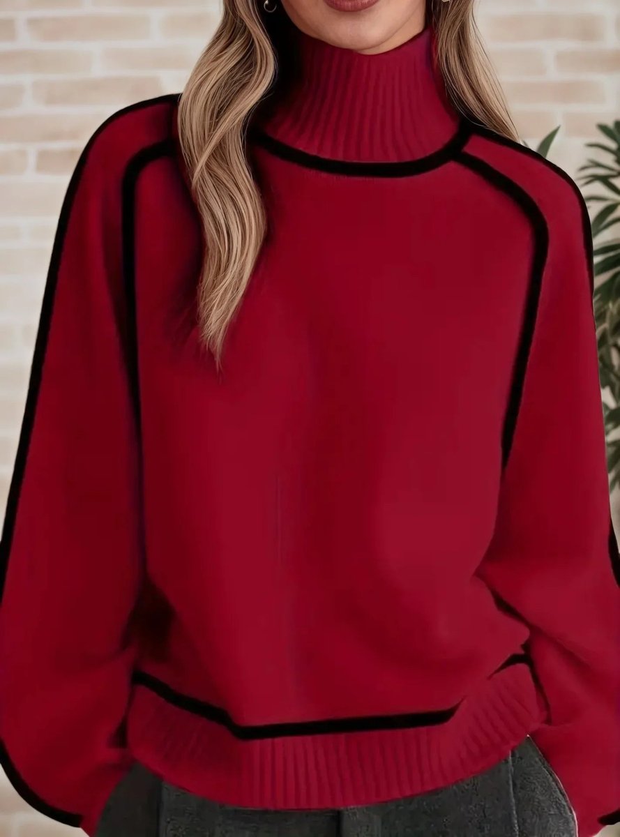 Damen Rollkragen Oversized Strick Sweater mit Kontraststreifen - Red
