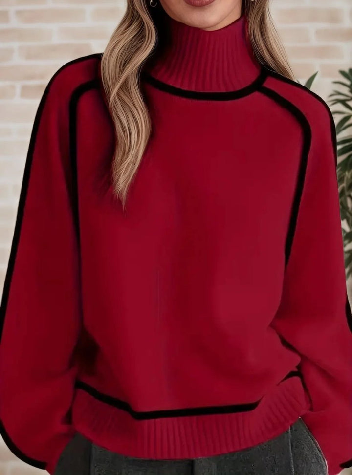 Damen Rollkragen Oversized Strick Sweater mit Kontraststreifen - Red