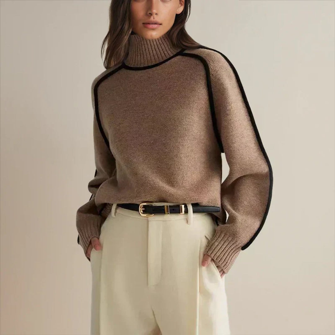Damen Rollkragen Oversized Strick Sweater mit Kontraststreifen - Brown