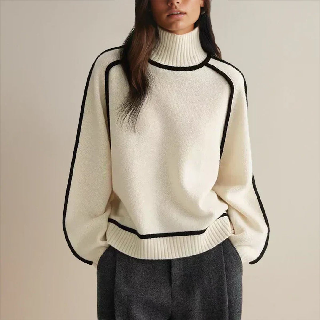 Damen Rollkragen Oversized Strick Sweater mit Kontraststreifen