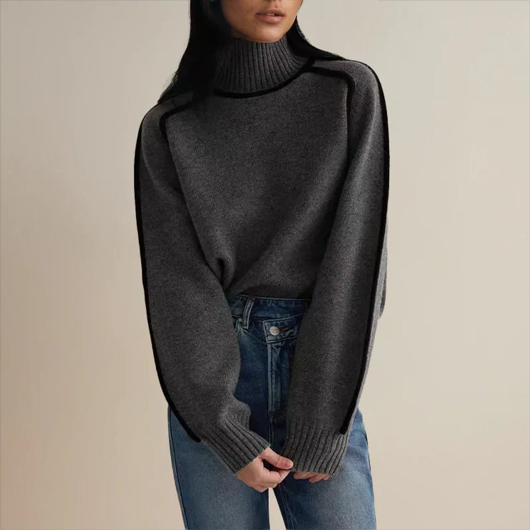 Damen Rollkragen Oversized Strick Sweater mit Kontraststreifen