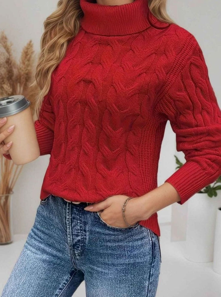 Damen Rollkragen-Pullover mit Kabelstrick-Textur und langen Ärmeln - Rot