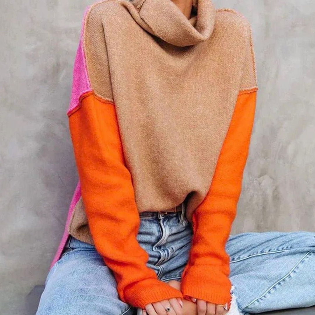 Damen Rollkragen Pullover Oversized Color-Block Strickpullover