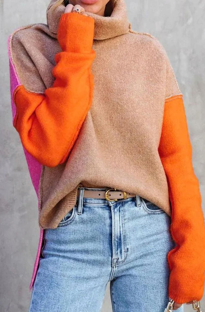 Damen Rollkragen Pullover Oversized Color-Block Strickpullover