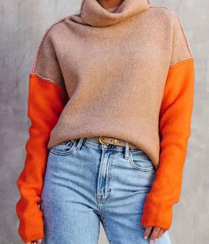 Damen Rollkragen Pullover Oversized Color-Block Strickpullover