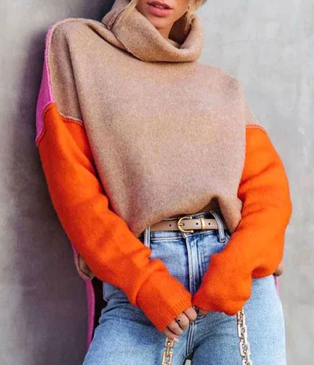 Damen Rollkragen Pullover Oversized Color-Block Strickpullover