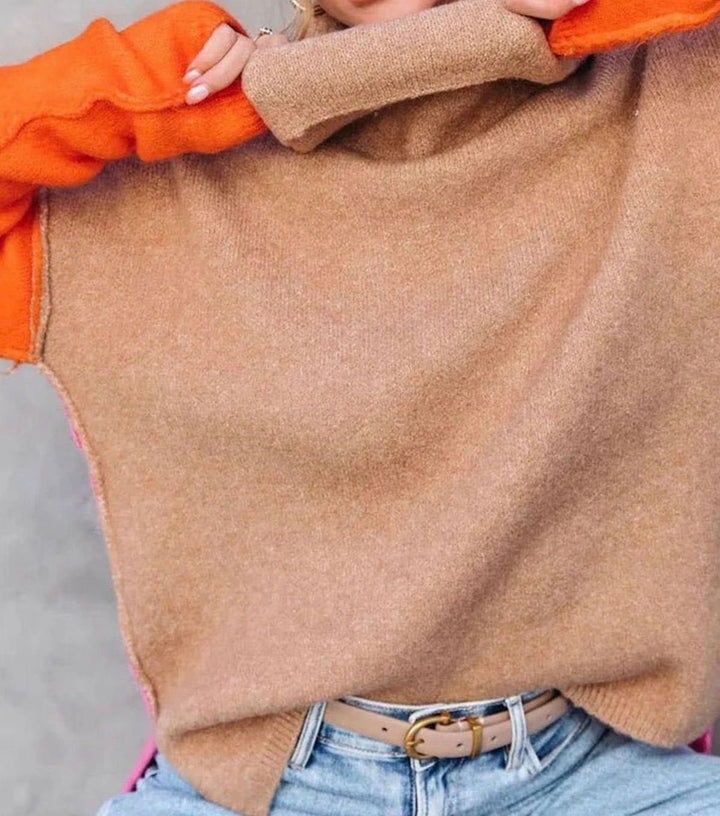 Damen Rollkragen Pullover Oversized Color-Block Strickpullover