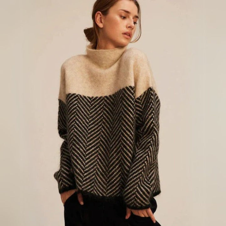Damen Rollkragen Pullover Oversized Strickpullover Fischgrätmuster - Beige