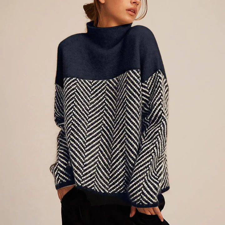 Damen Rollkragen Pullover Oversized Strickpullover Fischgrätmuster - Marineblau