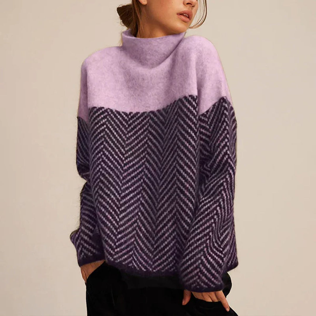 Damen Rollkragen Pullover Oversized Strickpullover Fischgrätmuster - Lila