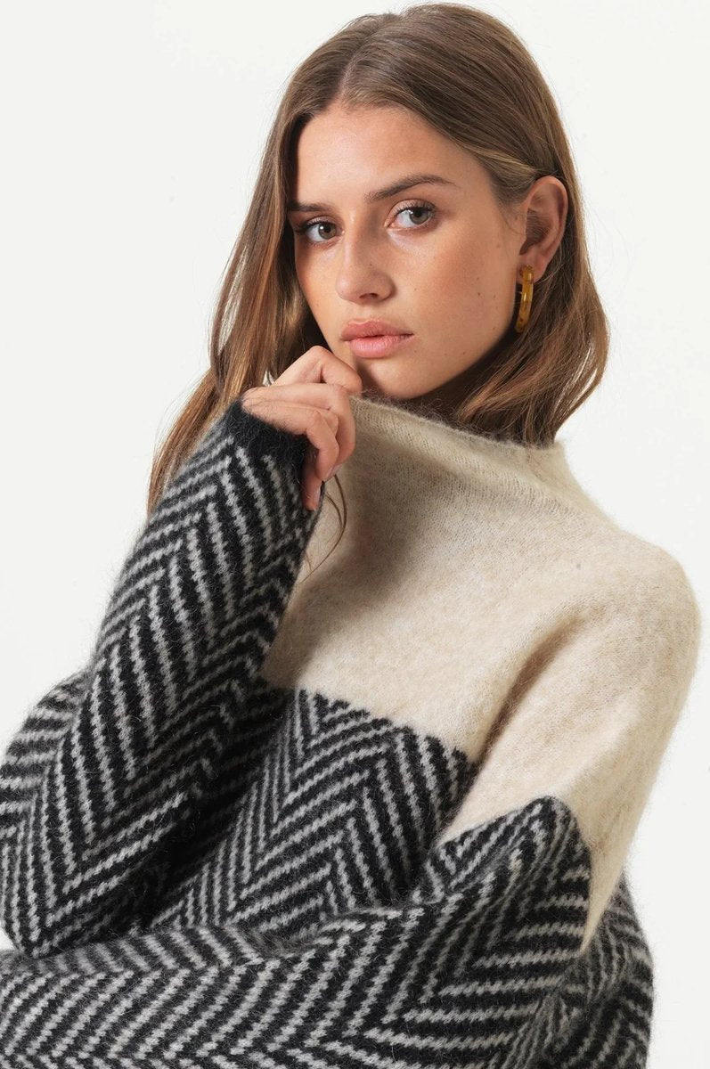 Damen Rollkragen Pullover Oversized Strickpullover Fischgrätmuster