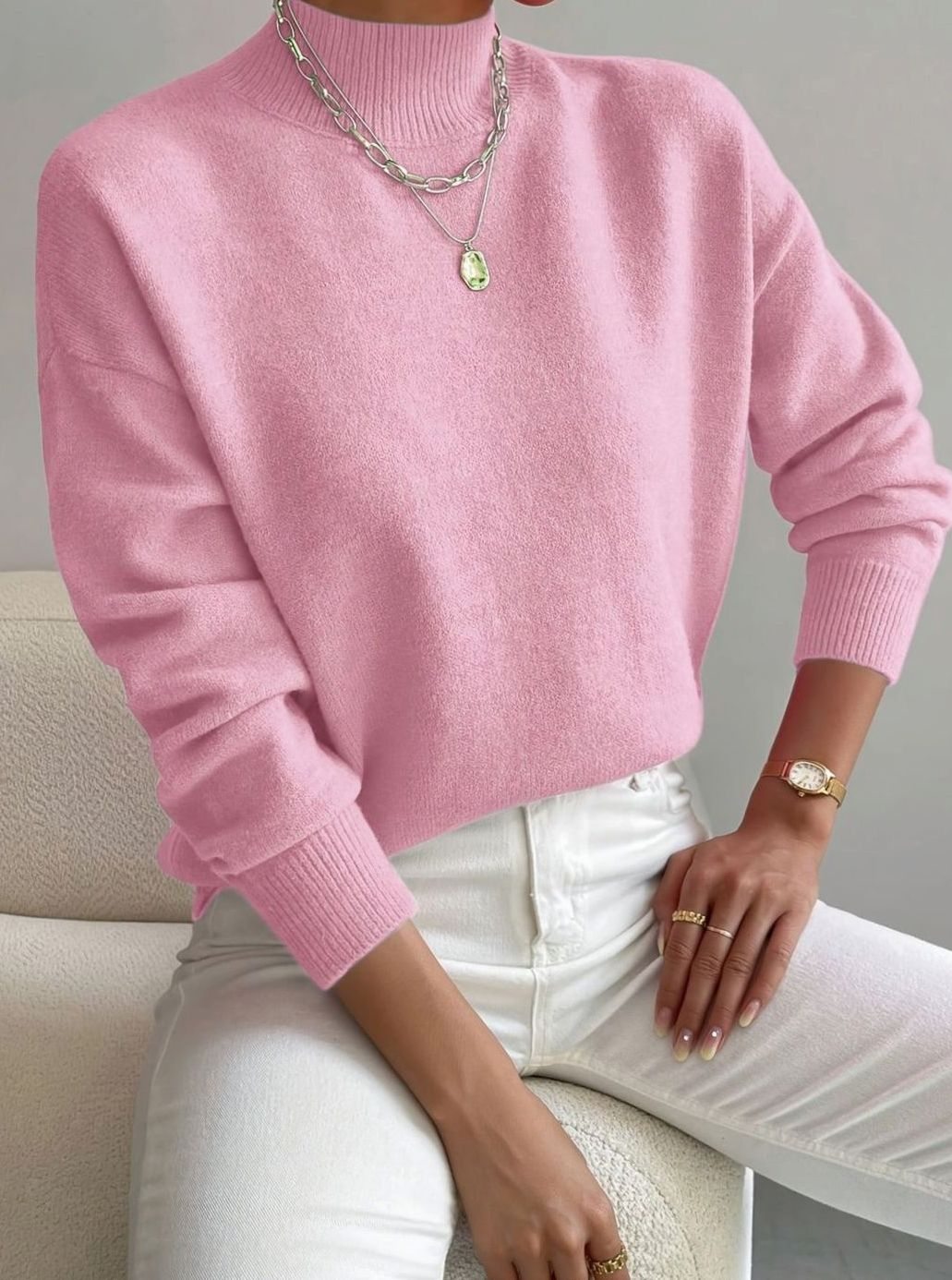 Damen Rollkragen Strickpullover mit Rippenmuster Weicher Winterpullover - Hellrosa