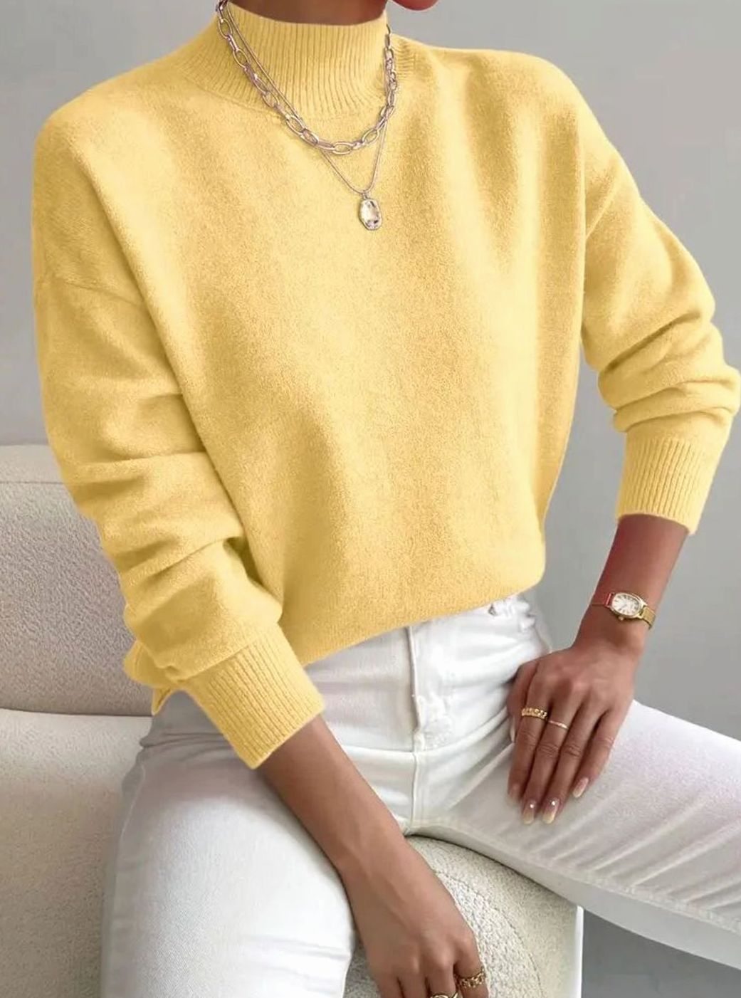 Damen Rollkragen Strickpullover mit Rippenmuster Weicher Winterpullover - Gelb
