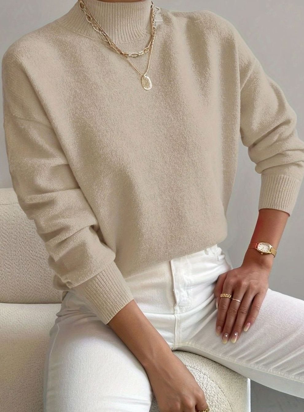 Damen Rollkragen Strickpullover mit Rippenmuster Weicher Winterpullover - Beige