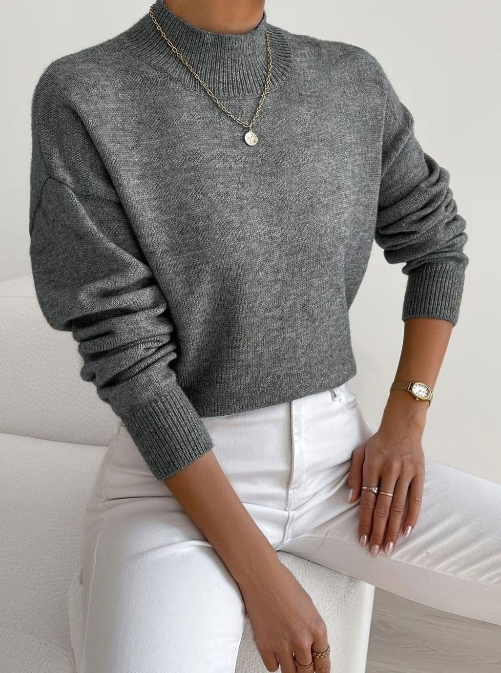 Damen Rollkragen Strickpullover mit Rippenmuster Weicher Winterpullover - Dunkelgrau