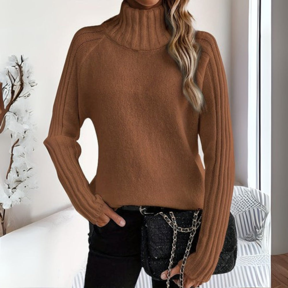 Damen Rollkragen Strickpullover mit Rippärmeln Locker Weich - Braun