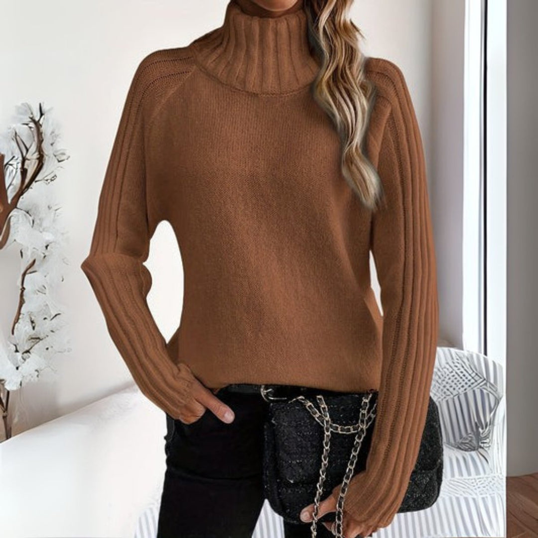 Damen Rollkragen Strickpullover mit Rippärmeln Locker Weich - Braun