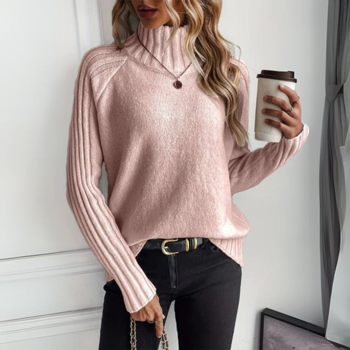 Damen Rollkragen Strickpullover mit Rippärmeln Locker Weich - Pink