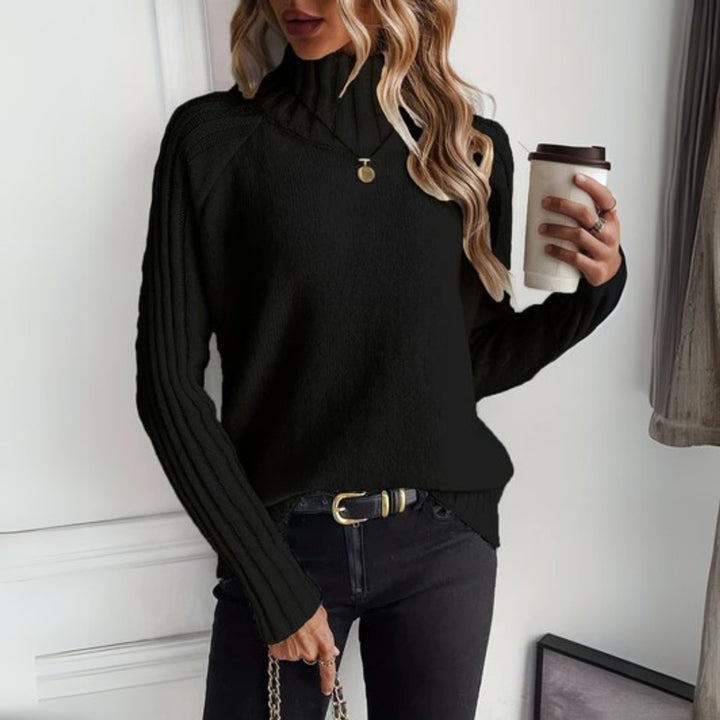 Damen Rollkragen Strickpullover mit Rippärmeln Locker Weich - Schwarz