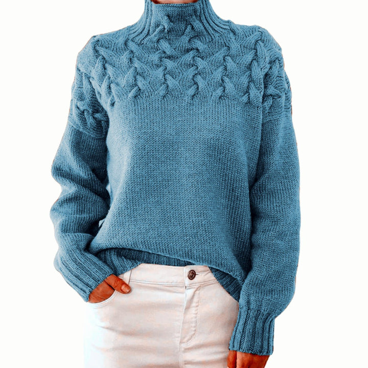 Damen Rollkragen-Strickpullover mit Zopfmuster Oversized - Himmelblau