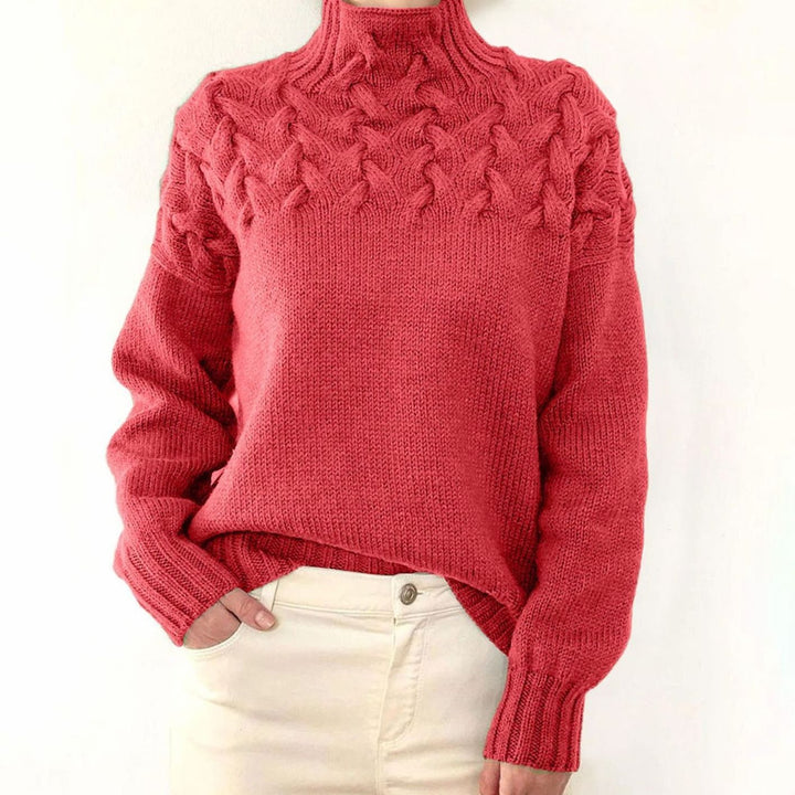 Damen Rollkragen-Strickpullover mit Zopfmuster Oversized - Hellrot
