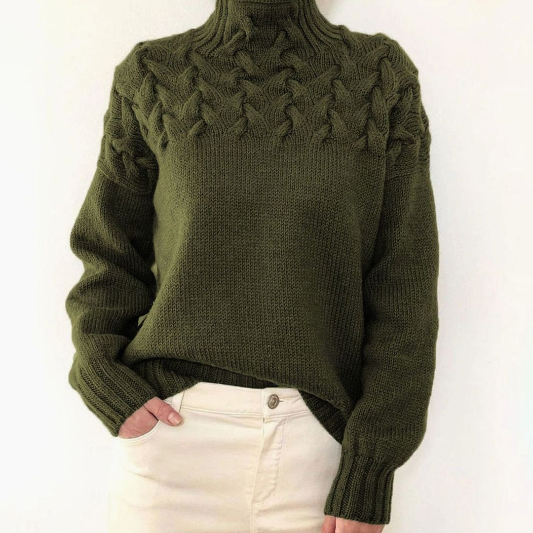 Damen Rollkragen-Strickpullover mit Zopfmuster Oversized - Dunkelgrün