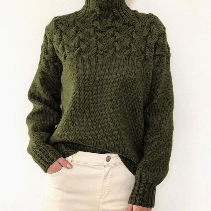 Damen Rollkragen-Strickpullover mit Zopfmuster Oversized - Dunkelgrün