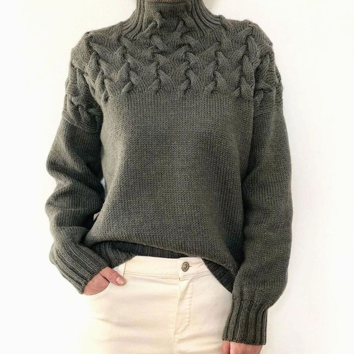 Damen Rollkragen-Strickpullover mit Zopfmuster Oversized - Grau