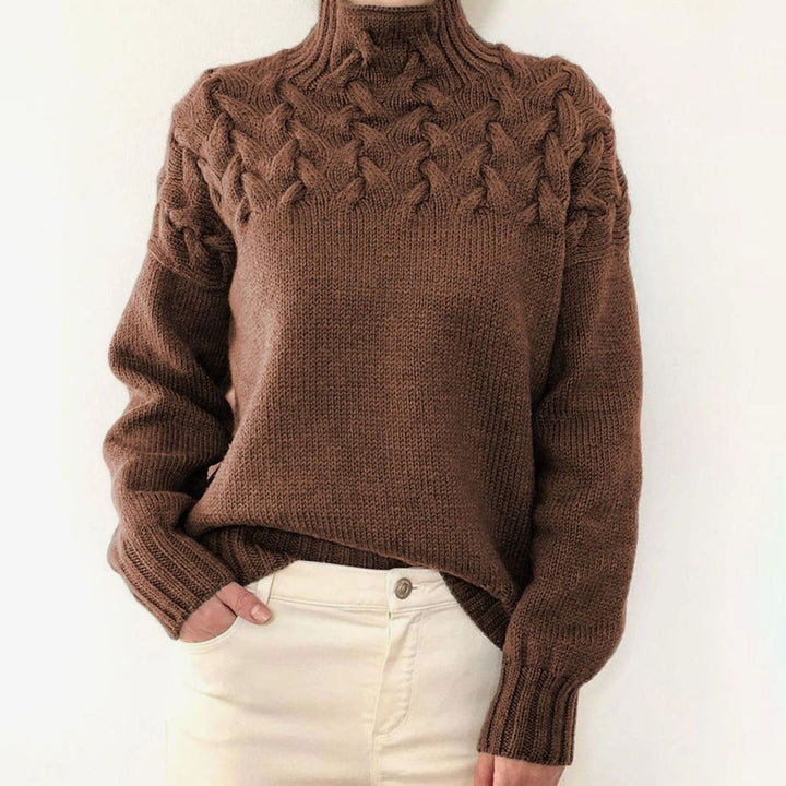 Damen Rollkragen-Strickpullover mit Zopfmuster Oversized - Braun