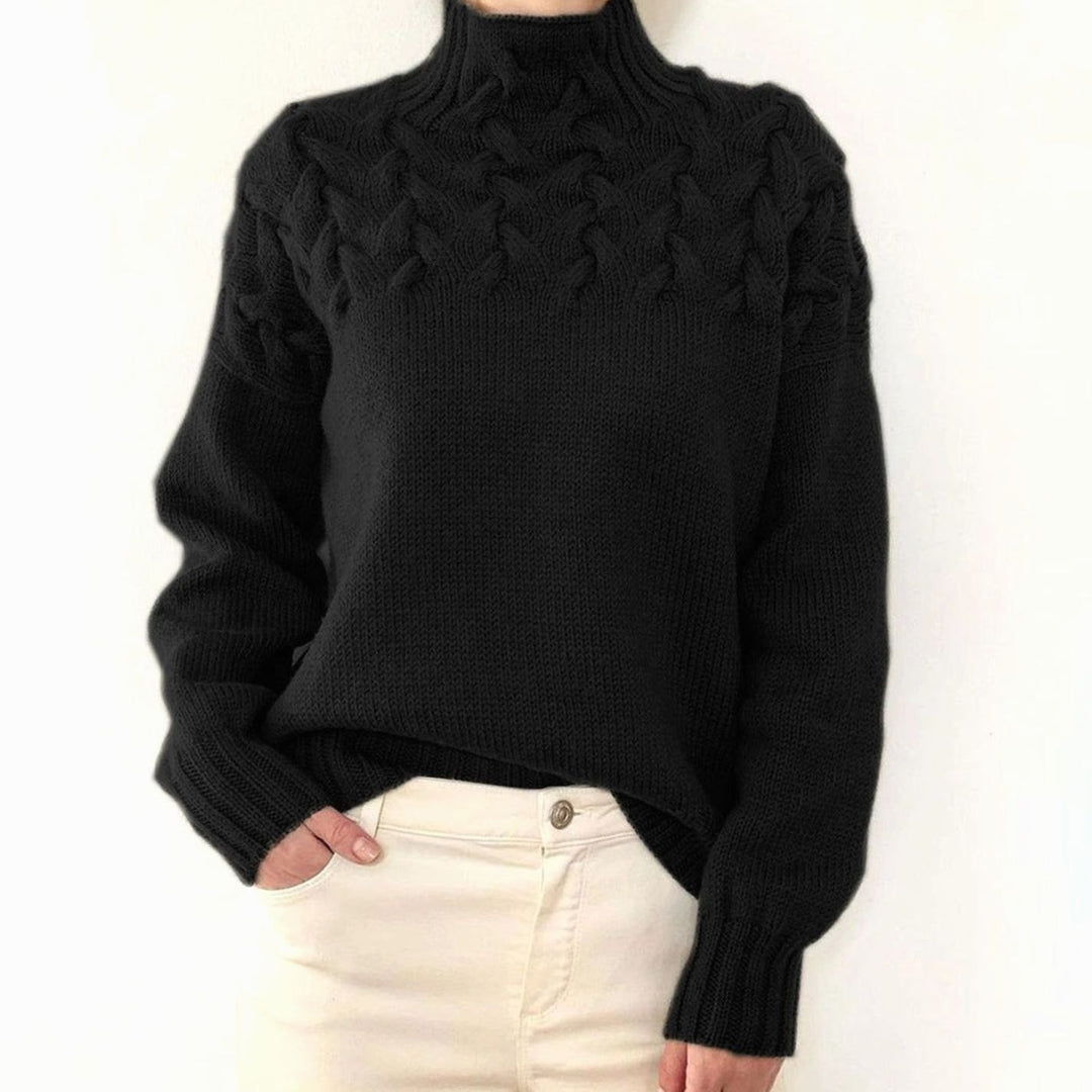 Damen Rollkragen-Strickpullover mit Zopfmuster Oversized - Schwarz