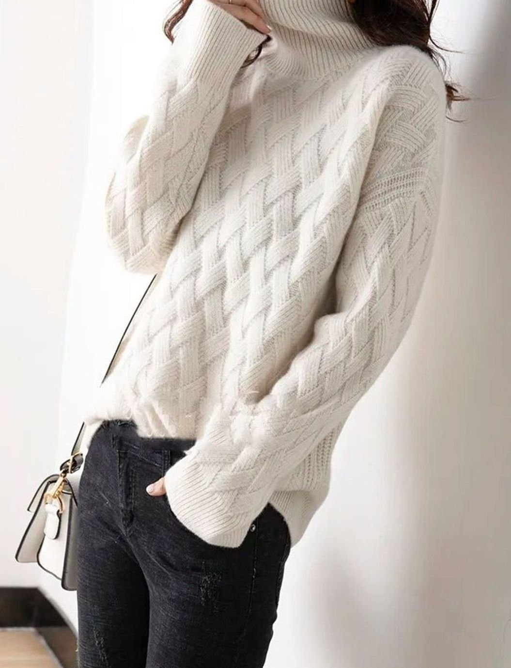 Damen Rollkragen Strickpullover Zopfmuster Kaschmir Oversized