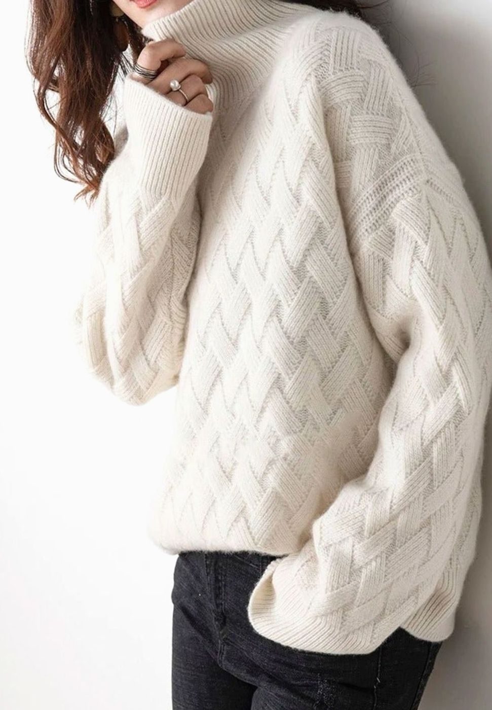Damen Rollkragen Strickpullover Zopfmuster Kaschmir Oversized - Creme