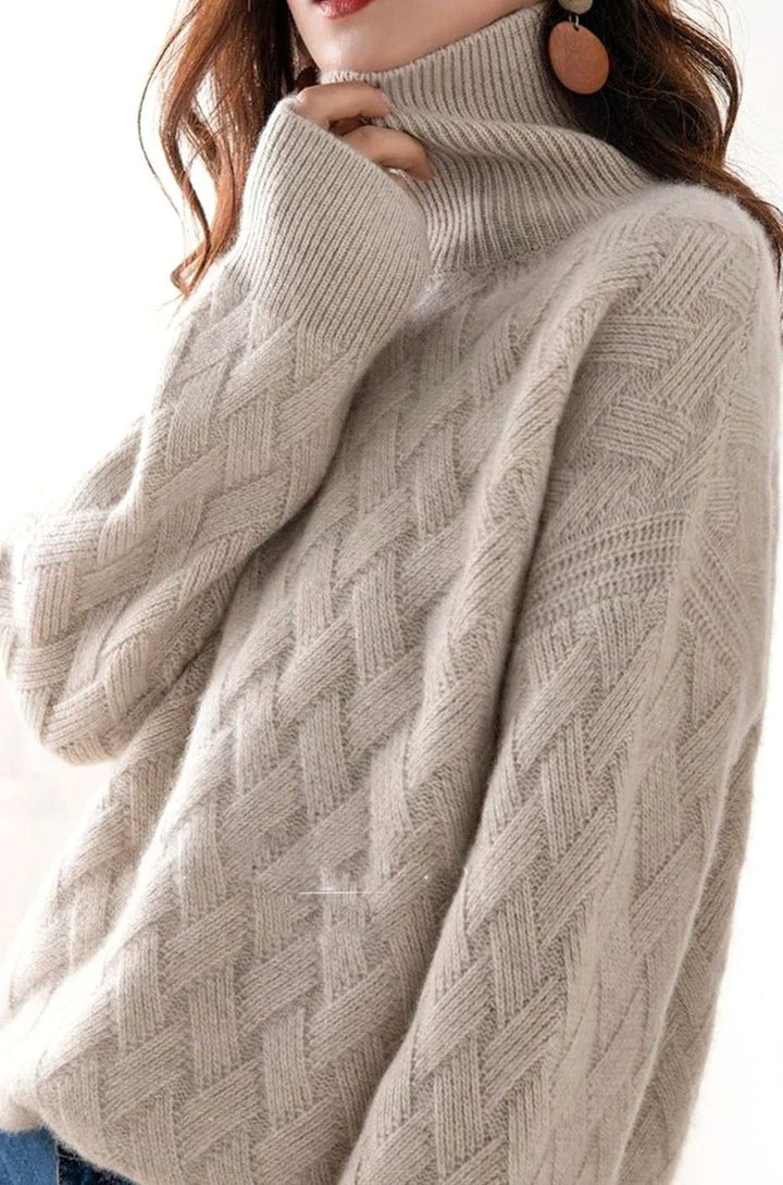Damen Rollkragen Strickpullover Zopfmuster Kaschmir Oversized - Beige