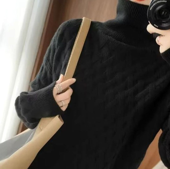 Damen Rollkragen Strickpullover Zopfmuster Kaschmir Oversized - Schwarz