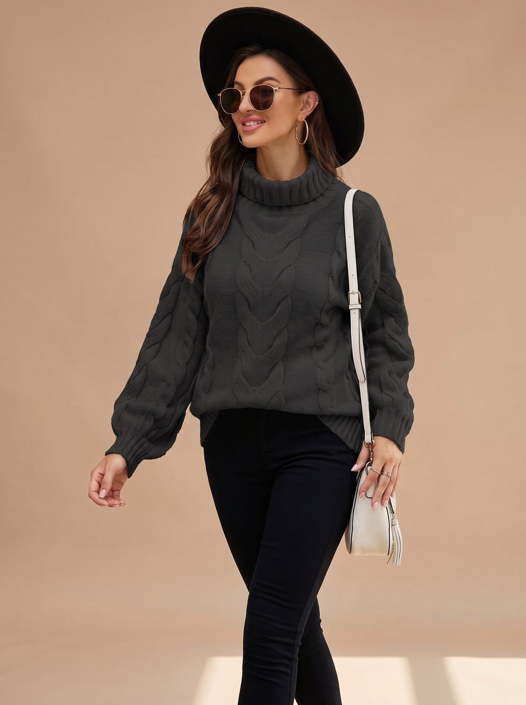 Damen Rollkragen Zopfmuster Strickpullover Relaxed Fit - Schwarz