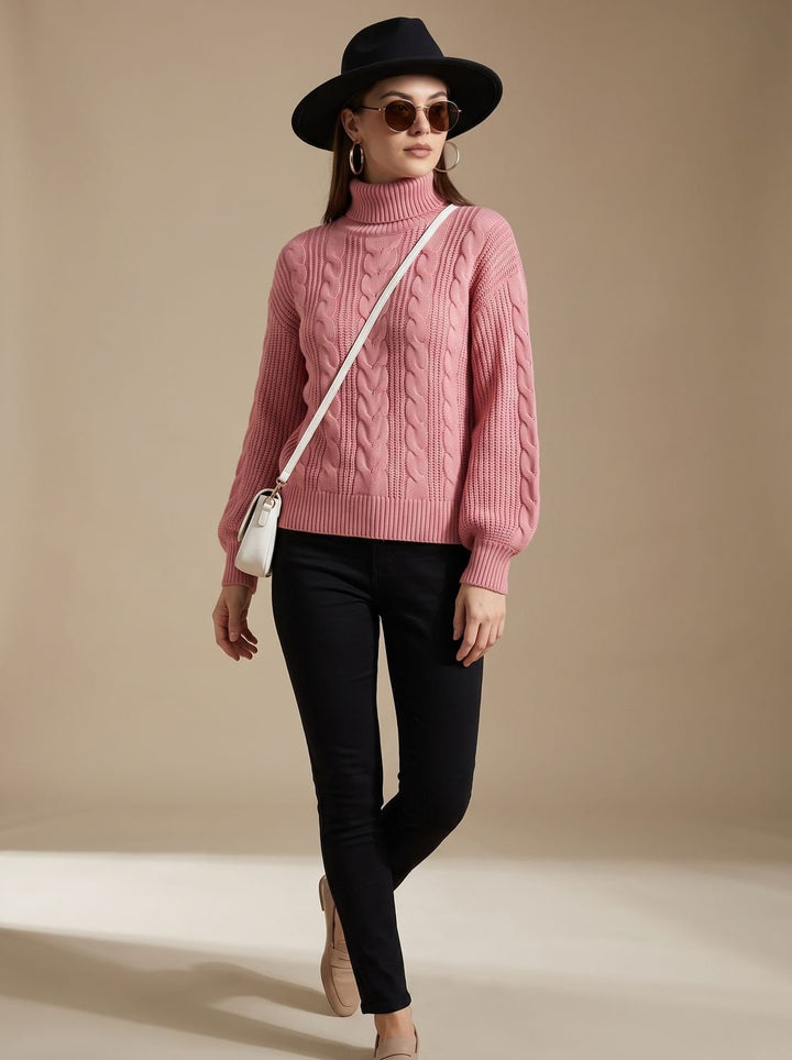 Damen Rollkragen Zopfmuster Strickpullover Relaxed Fit - Rosa
