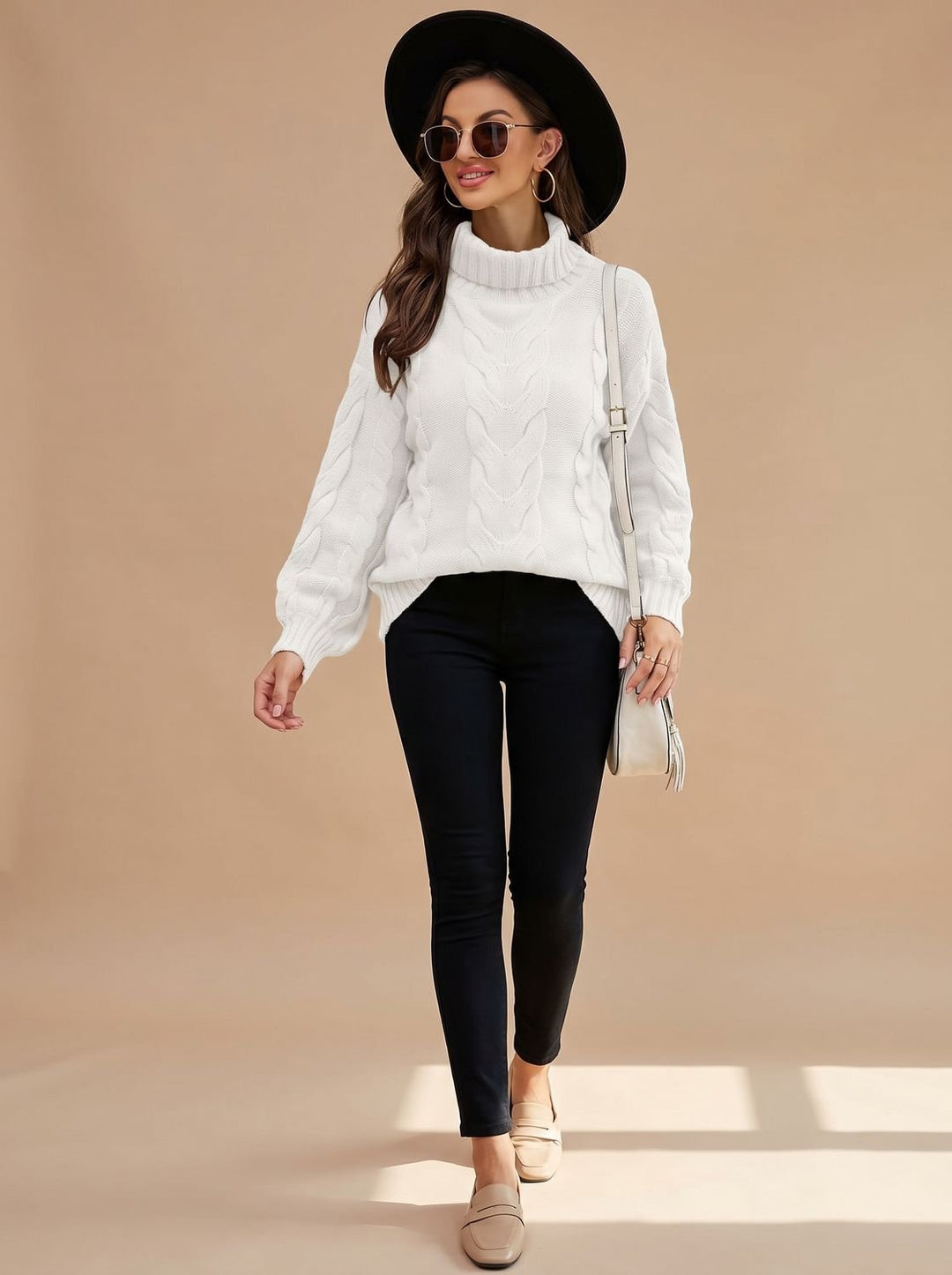 Damen Rollkragen Zopfmuster Strickpullover Relaxed Fit - Weiß
