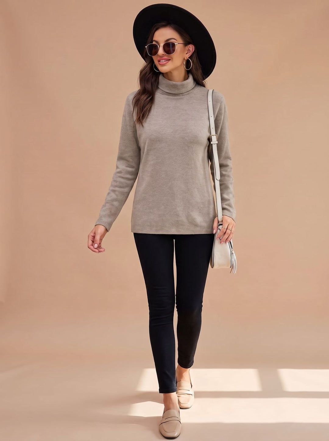 Damen Rollkragen Zopfmuster Strickpullover Relaxed Fit - Grau