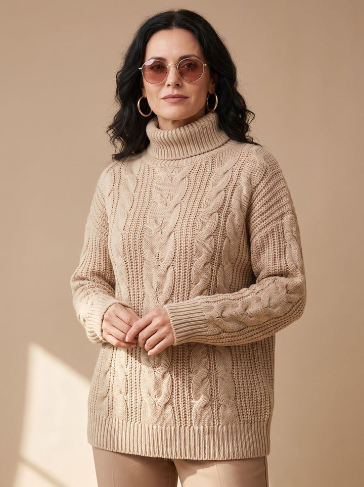 Damen Rollkragen Zopfmuster Strickpullover Relaxed Fit - Khaki
