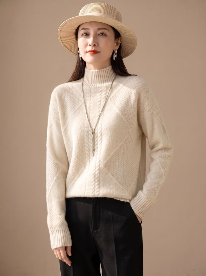 Damen Rollkragenpullover aus Cashmere mit Zopfmuster - Weiß