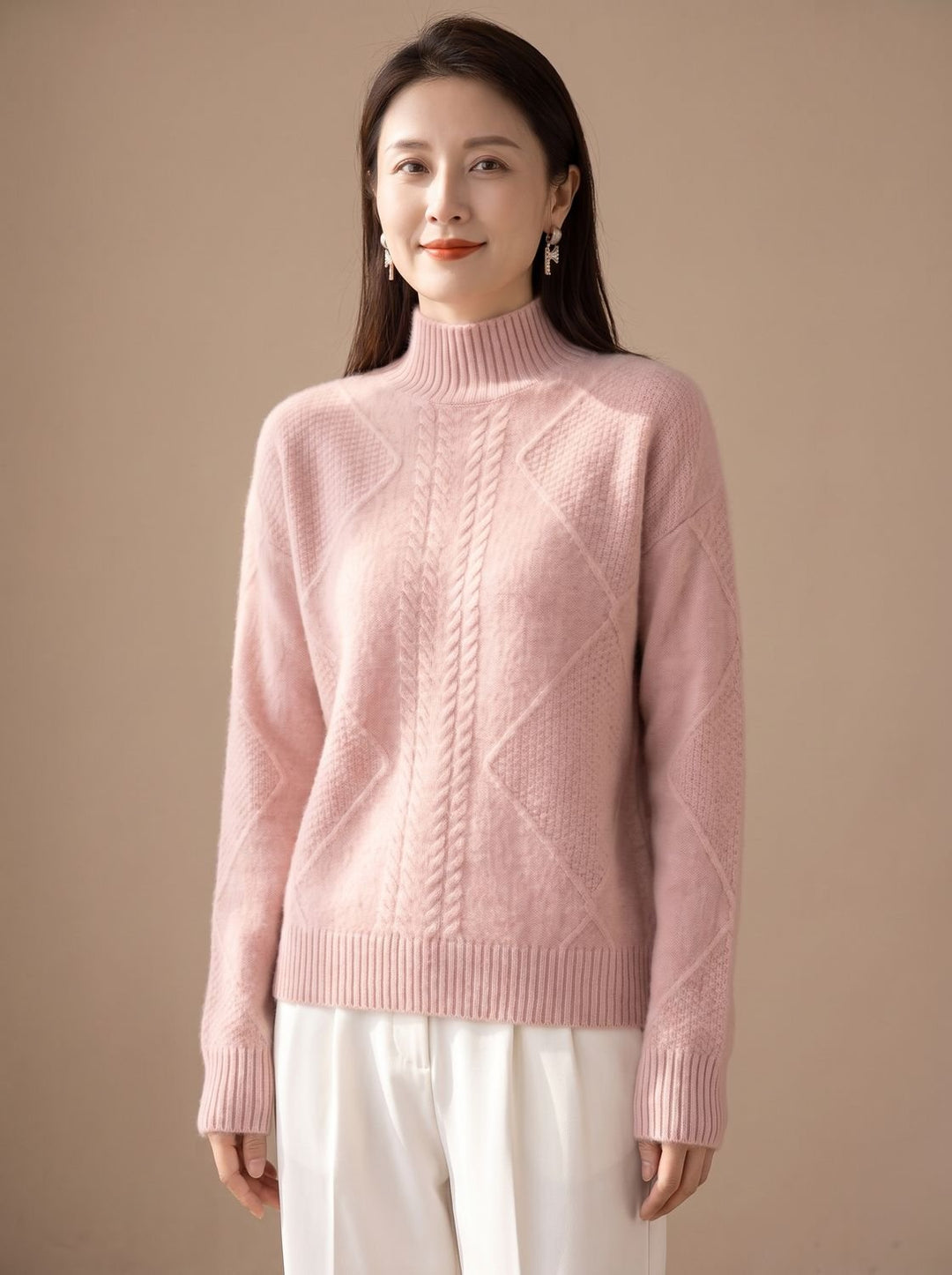 Damen Rollkragenpullover aus Cashmere mit Zopfmuster - Rosa